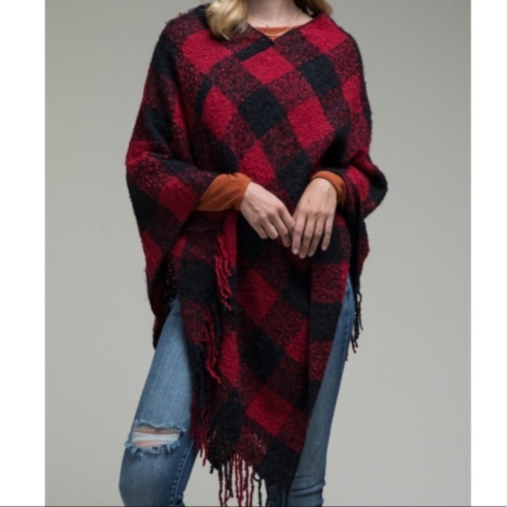 Soft 2 Tone Buffalo Plaid Long Fringe Poncho